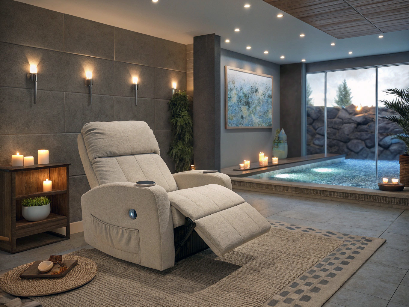 Bekväm vilostol med mjuka kuddar i en lugnande spa-miljö