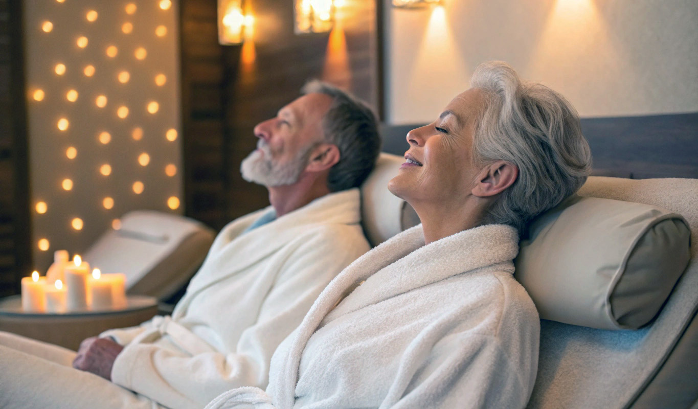 Senior par som njuter av spa-upplevelsen tillsammans